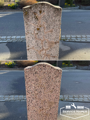 Grabstein vor und nach der Reinigung, obere Hälfte stark verschmutzt, untere Hälfte klarer. Hochdruckreinigung Amberg