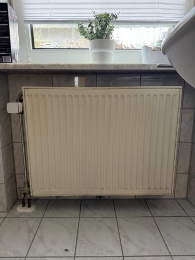 Heizkörper unter einem Fenster, neben einem kleinen Topf mit Pflanze. Fliesenboden.